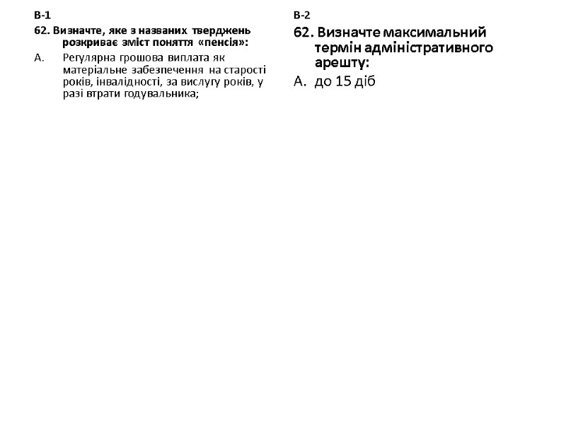 В-1 62. Визначте, яке з названих тверджень розкриває зміст поняття «пенсія»: Регулярна грошова виплата